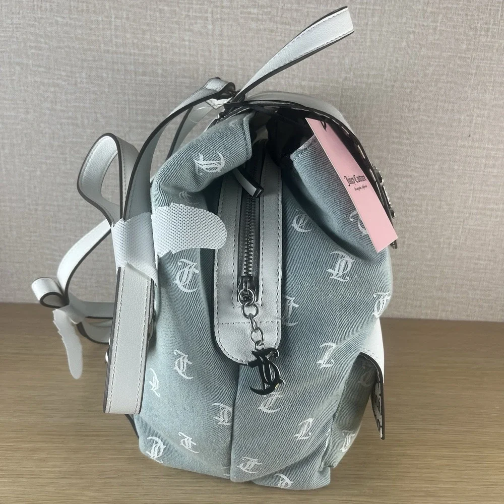 Juicy Couture Denim Monogram Back To Class Backpack RhinestoneLogo WhiteTrim NWT
